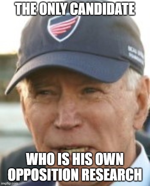 Joe B with baseball cap | THE ONLY CANDIDATE WHO IS HIS OWN OPPOSITION RESEARCH | image tagged in joe b with baseball cap | made w/ Imgflip meme maker