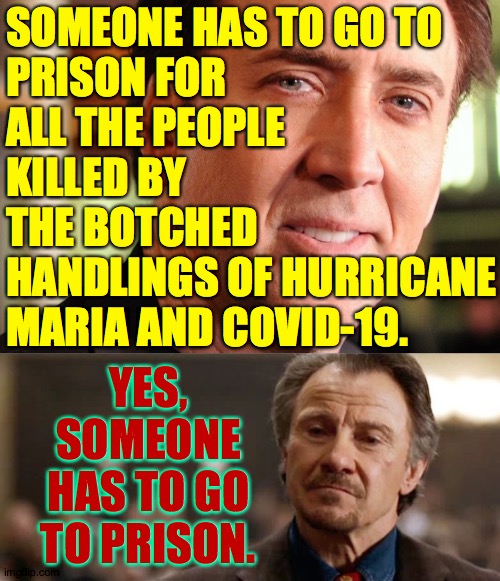 SOMEONE HAS TO GO TO
PRISON FOR
ALL THE PEOPLE
KILLED BY
THE BOTCHED
HANDLINGS OF HURRICANE
MARIA AND COVID-19. YES, SOMEONE HAS TO GO TO PR | made w/ Imgflip meme maker
