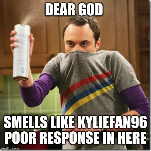 air freshener sheldon cooper | DEAR GOD SMELLS LIKE KYLIEFAN96 POOR RESPONSE IN HERE | image tagged in air freshener sheldon cooper | made w/ Imgflip meme maker