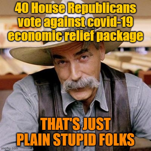 The world economy is in a tailspin and everyone's losing their minds but Congress shouldn't do anything right? | 40 House Republicans vote against covid-19 economic relief package; THAT'S JUST PLAIN STUPID FOLKS | image tagged in sarcasm cowboy,scumbag republicans,economy,congress,covid-19,coronavirus | made w/ Imgflip meme maker