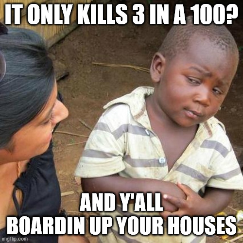 Third World Skeptical Kid | IT ONLY KILLS 3 IN A 100? AND Y'ALL BOARDIN UP YOUR HOUSES | image tagged in memes,third world skeptical kid | made w/ Imgflip meme maker