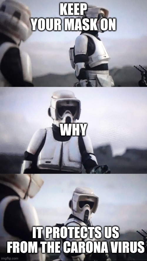 Storm Trooper Conversation | KEEP YOUR MASK ON; WHY; IT PROTECTS US FROM THE CARONA VIRUS | image tagged in storm trooper conversation | made w/ Imgflip meme maker