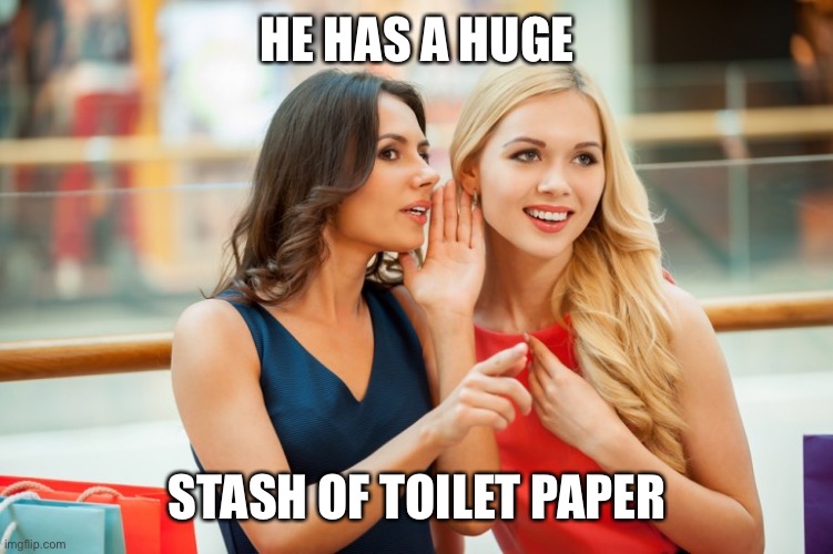 Gossiping about a guy | HE HAS A HUGE; STASH OF TOILET PAPER | image tagged in women gossip,coronavirus,toilet paper | made w/ Imgflip meme maker