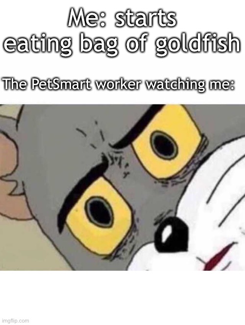 Tom Cat Unsettled Close up | Me: starts eating bag of goldfish; The PetSmart worker watching me: | image tagged in tom cat unsettled close up | made w/ Imgflip meme maker