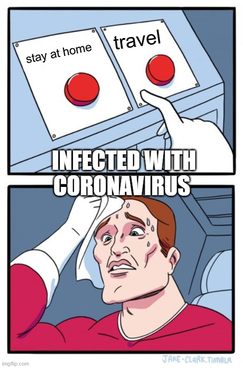 Two Buttons Meme | travel; stay at home; INFECTED WITH CORONAVIRUS | image tagged in memes,two buttons | made w/ Imgflip meme maker