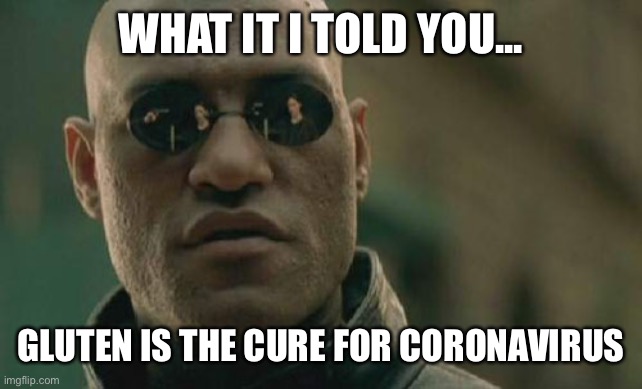 Matrix Morpheus | WHAT IT I TOLD YOU... GLUTEN IS THE CURE FOR CORONAVIRUS | image tagged in memes,matrix morpheus | made w/ Imgflip meme maker