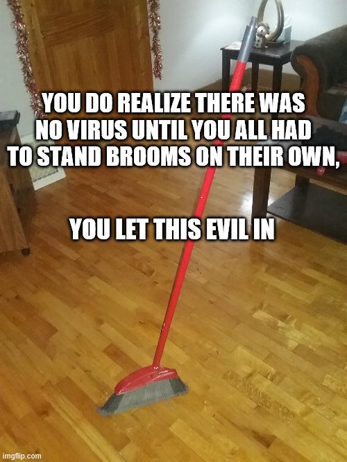 YOU DO REALIZE THERE WAS NO VIRUS UNTIL YOU ALL HAD TO STAND BROOMS ON THEIR OWN, YOU LET THIS EVIL IN | made w/ Imgflip meme maker