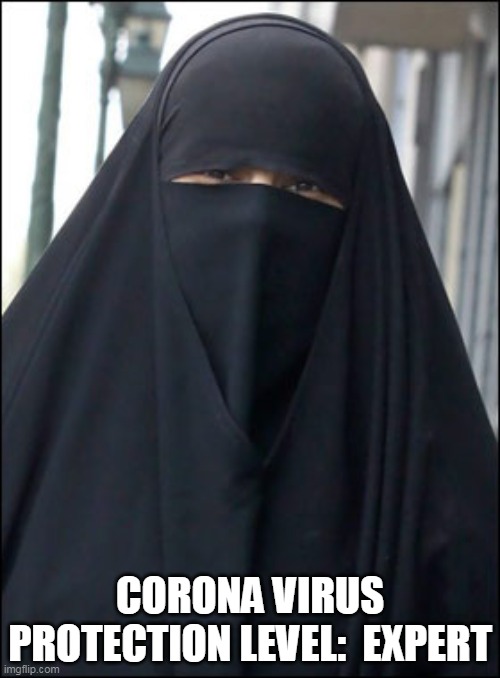 Corona Virus protection : EXPERT | CORONA VIRUS PROTECTION LEVEL:  EXPERT | image tagged in burka wearing muslim women,corona virus,coronavirus,protection | made w/ Imgflip meme maker