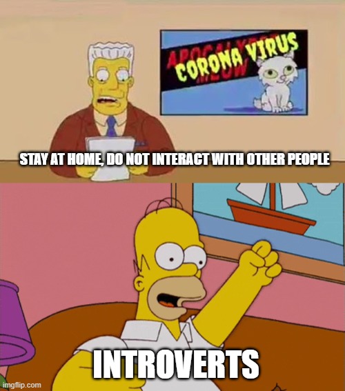 Introverts be like | STAY AT HOME, DO NOT INTERACT WITH OTHER PEOPLE; INTROVERTS | image tagged in introvert,simpsons,homer simpson,coronavirus,corona virus,apocalypse | made w/ Imgflip meme maker