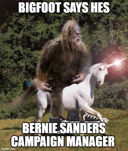 bigfoot unicorn | BIGFOOT SAYS HES; BERNIE SANDERS CAMPAIGN MANAGER | image tagged in bigfoot unicorn | made w/ Imgflip meme maker