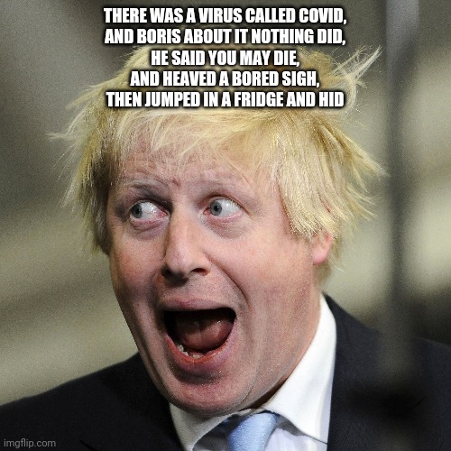 Boris Johnson | THERE WAS A VIRUS CALLED COVID,
AND BORIS ABOUT IT NOTHING DID,
HE SAID YOU MAY DIE,
AND HEAVED A BORED SIGH,
THEN JUMPED IN A FRIDGE AND HID | image tagged in boris johnson | made w/ Imgflip meme maker
