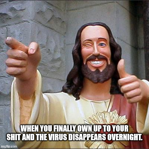 Buddy Christ | WHEN YOU FINALLY OWN UP TO YOUR SHIT AND THE VIRUS DISAPPEARS OVERNIGHT. | image tagged in memes,buddy christ | made w/ Imgflip meme maker