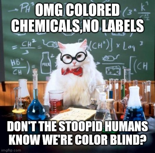 Chemistry Cat | OMG COLORED CHEMICALS,NO LABELS; DON'T THE STOOPID HUMANS KNOW WE'RE COLOR BLIND? | image tagged in memes,chemistry cat | made w/ Imgflip meme maker