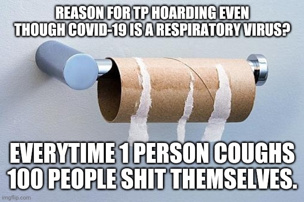 No More Toilet Paper | REASON FOR TP HOARDING EVEN THOUGH COVID-19 IS A RESPIRATORY VIRUS? EVERYTIME 1 PERSON COUGHS 100 PEOPLE SHIT THEMSELVES. | image tagged in no more toilet paper | made w/ Imgflip meme maker