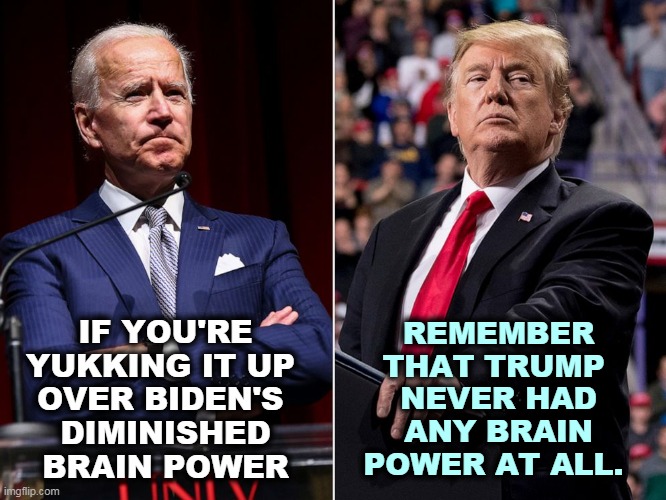 Donald Trump, a Dim Bulb in anybody's socket. | REMEMBER THAT TRUMP 
NEVER HAD ANY BRAIN POWER AT ALL. IF YOU'RE YUKKING IT UP 
OVER BIDEN'S 
DIMINISHED BRAIN POWER | image tagged in biden,smart,trump,dumb | made w/ Imgflip meme maker
