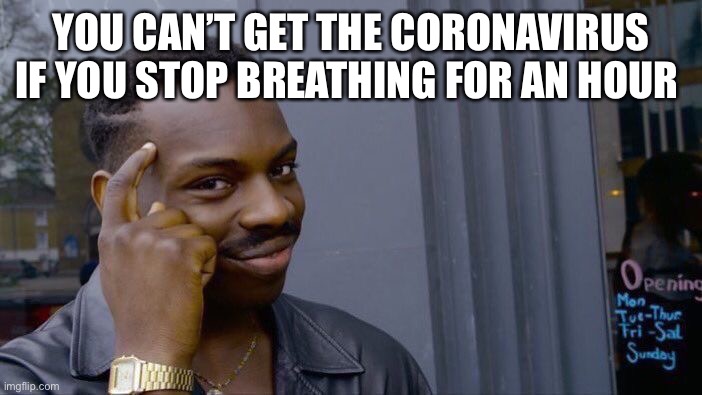 Roll Safe Think About It | YOU CAN’T GET THE CORONAVIRUS IF YOU STOP BREATHING FOR AN HOUR | image tagged in memes,roll safe think about it | made w/ Imgflip meme maker