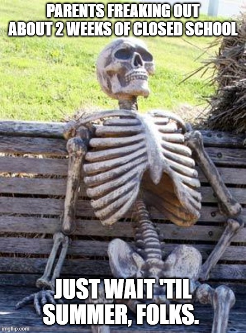Waiting Skeleton | PARENTS FREAKING OUT ABOUT 2 WEEKS OF CLOSED SCHOOL; JUST WAIT 'TIL SUMMER, FOLKS. | image tagged in memes,waiting skeleton | made w/ Imgflip meme maker