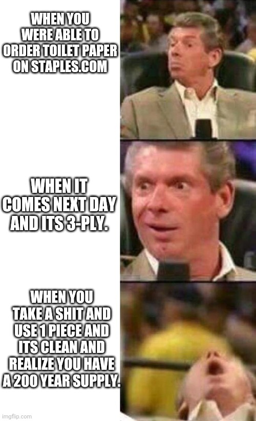 Vince McMahon  | WHEN YOU WERE ABLE TO ORDER TOILET PAPER ON STAPLES.COM; WHEN IT COMES NEXT DAY AND ITS 3-PLY. WHEN YOU TAKE A SHIT AND USE 1 PIECE AND ITS CLEAN AND REALIZE YOU HAVE A 200 YEAR SUPPLY. | image tagged in vince mcmahon | made w/ Imgflip meme maker