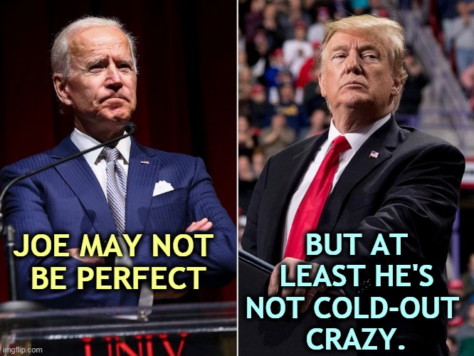 These days Joe is talking and acting like a President. Trump, not one little bit. | BUT AT LEAST HE'S NOT COLD-OUT 
CRAZY. JOE MAY NOT 
BE PERFECT | image tagged in biden,good,trump,bad,crazy,drug addiction | made w/ Imgflip meme maker