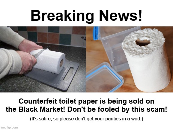 This is a matter that I take very seriously! | Breaking News! Counterfeit toilet paper is being sold on the Black Market! Don't be fooled by this scam! (It's satire, so please don't get your panties in a wad.) | image tagged in blank white template,memes,toilet paper,coronavirus | made w/ Imgflip meme maker