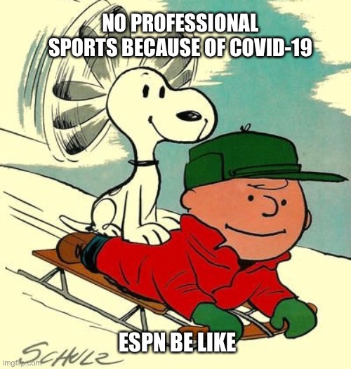 All Sports All The Time | NO PROFESSIONAL SPORTS BECAUSE OF COVID-19; ESPN BE LIKE | image tagged in covid-19,coronavirus,corona virus,espn,sports,snoopy | made w/ Imgflip meme maker