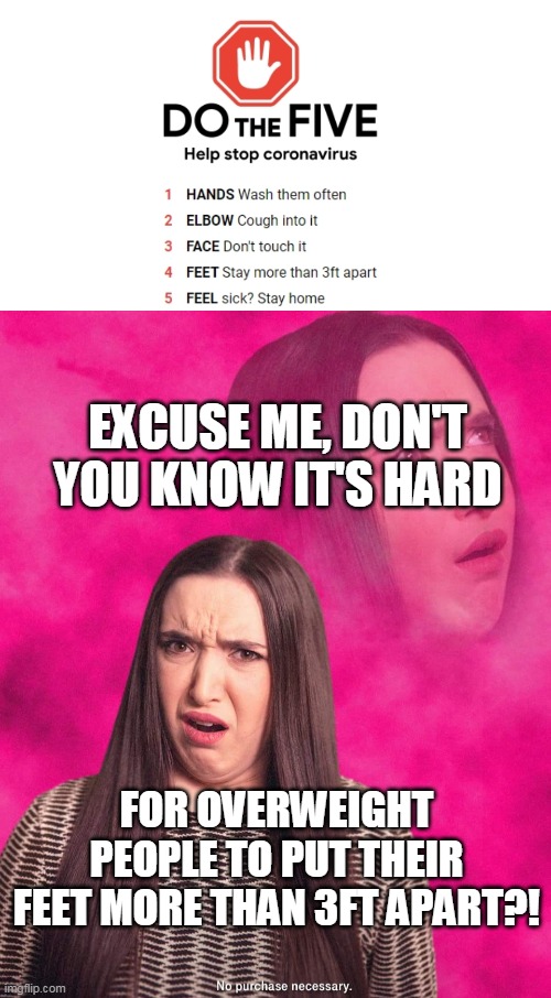 Google Is Stupid | EXCUSE ME, DON'T YOU KNOW IT'S HARD; FOR OVERWEIGHT PEOPLE TO PUT THEIR FEET MORE THAN 3FT APART?! | image tagged in offended girl,google,fat,coronavirus | made w/ Imgflip meme maker