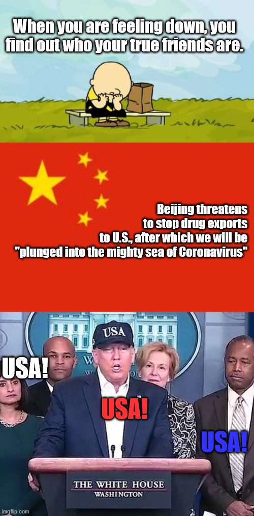 Buy American! | When you are feeling down, you find out who your true friends are. Beijing threatens to stop drug exports
 to U.S., after which we will be
 "plunged into the mighty sea of Coronavirus"; USA! USA! USA! | image tagged in depressed charlie brown,chinese flag,president trump,coronavirus | made w/ Imgflip meme maker