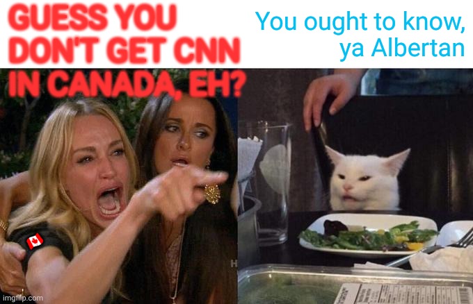 Woman Yelling At Cat Meme | GUESS YOU DON'T GET CNN IN CANADA, EH? You ought to know,         ya Albertan ?? | image tagged in memes,woman yelling at cat | made w/ Imgflip meme maker