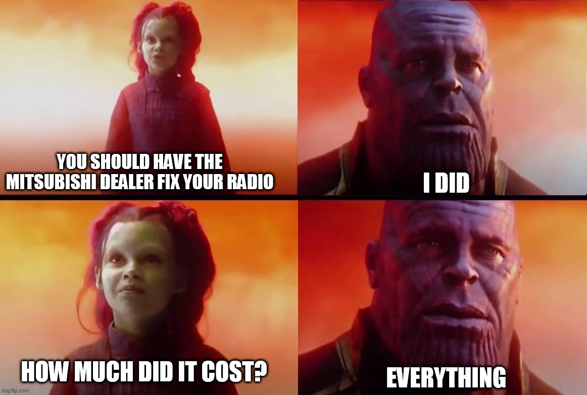 What did it cost? | YOU SHOULD HAVE THE MITSUBISHI DEALER FIX YOUR RADIO; I DID; HOW MUCH DID IT COST? EVERYTHING | image tagged in what did it cost | made w/ Imgflip meme maker
