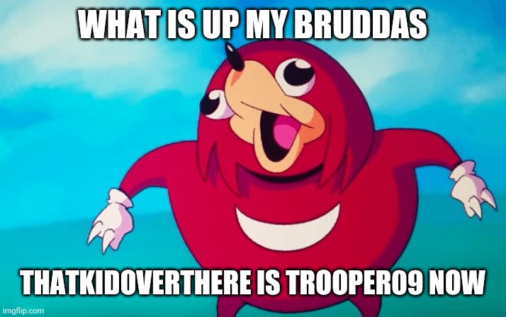 Ugandan Knuckles | WHAT IS UP MY BRUDDAS; THATKIDOVERTHERE IS TROOPER09 NOW | image tagged in ugandan knuckles | made w/ Imgflip meme maker