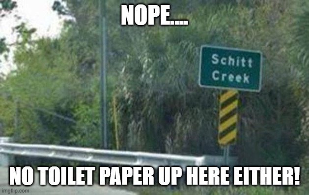 No paddle...no toilet paper! | NOPE.... NO TOILET PAPER UP HERE EITHER! | image tagged in schitt creek,no more toilet paper,corona virus,politics | made w/ Imgflip meme maker