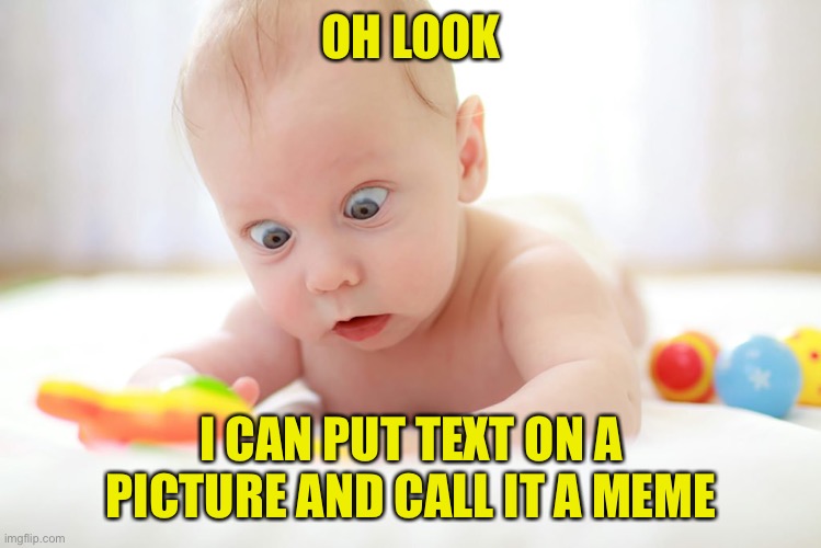 Baby discovers the internet | OH LOOK I CAN PUT TEXT ON A PICTURE AND CALL IT A MEME | image tagged in baby discovers the internet | made w/ Imgflip meme maker