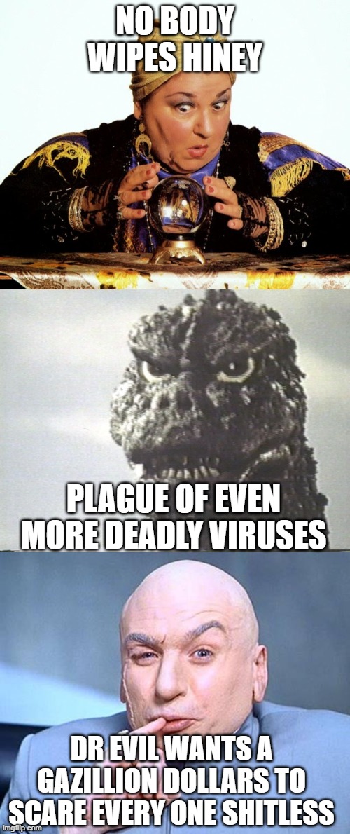 NO BODY WIPES HINEY; PLAGUE OF EVEN MORE DEADLY VIRUSES; DR EVIL WANTS A GAZILLION DOLLARS TO SCARE EVERY ONE SHITLESS | image tagged in hmm chocolate chip or white chocolate chip,godzilla this is why i destroy cities,let me consult my crystal ball,memes,hahahaha,c | made w/ Imgflip meme maker