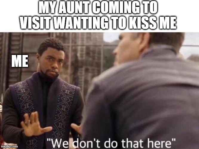 We dont do that here | MY AUNT COMING TO VISIT WANTING TO KISS ME; ME | image tagged in we dont do that here | made w/ Imgflip meme maker