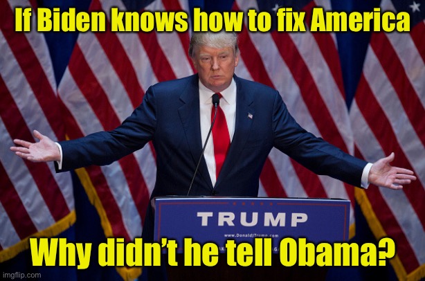 Donald Trump | If Biden knows how to fix America; Why didn’t he tell Obama? | image tagged in donald trump | made w/ Imgflip meme maker