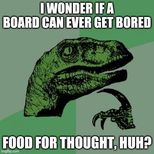 Philosoraptor Meme | I WONDER IF A BOARD CAN EVER GET BORED; FOOD FOR THOUGHT, HUH? | image tagged in memes,philosoraptor | made w/ Imgflip meme maker