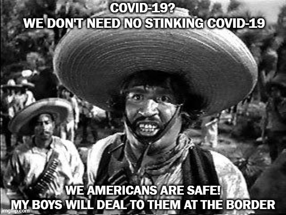 bandito | COVID-19? 
WE DON'T NEED NO STINKING COVID-19; WE AMERICANS ARE SAFE!
MY BOYS WILL DEAL TO THEM AT THE BORDER | image tagged in bandito | made w/ Imgflip meme maker