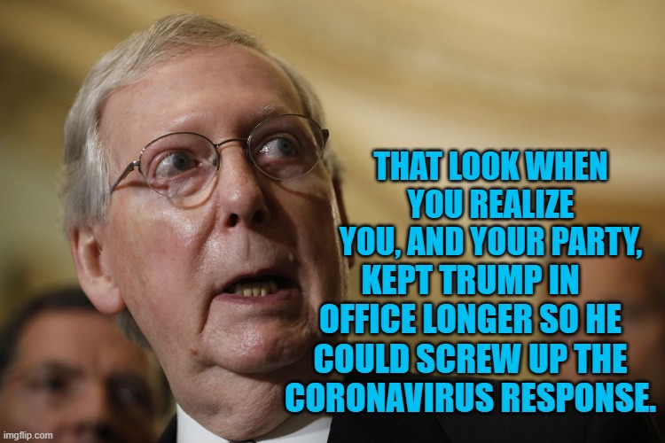 Oh, No Mitch | THAT LOOK WHEN YOU REALIZE YOU, AND YOUR PARTY, KEPT TRUMP IN OFFICE LONGER SO HE COULD SCREW UP THE CORONAVIRUS RESPONSE. | image tagged in politics | made w/ Imgflip meme maker