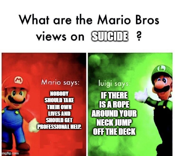 What are the mario bros views on:      ? | SUICIDE; NOBODY SHOULD TAKE THEIR OWN LIVES AND SHOULD GET PROFESSIONAL HELP. IF THERE IS A ROPE AROUND YOUR NECK JUMP OFF THE DECK | image tagged in what are the mario bros views on | made w/ Imgflip meme maker