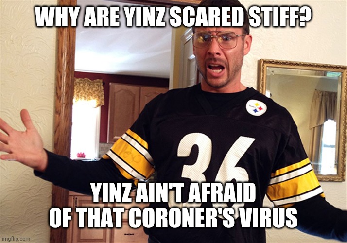WHY ARE YINZ SCARED STIFF? YINZ AIN'T AFRAID OF THAT CORONER'S VIRUS | image tagged in coronavirus | made w/ Imgflip meme maker