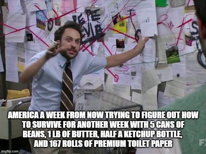 Charlie Conspiracy (Always Sunny in Philidelphia) | AMERICA A WEEK FROM NOW TRYING TO FIGURE OUT HOW

TO SURVIVE FOR ANOTHER WEEK WITH 5 CANS OF
 BEANS, 1 LB OF BUTTER, HALF A KETCHUP BOTTLE,  
AND 167 ROLLS OF PREMIUM TOILET PAPER | image tagged in charlie conspiracy always sunny in philidelphia | made w/ Imgflip meme maker