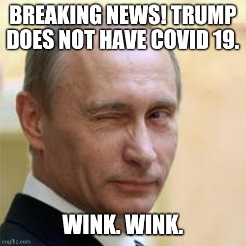 Putin Winking | BREAKING NEWS! TRUMP DOES NOT HAVE COVID 19. WINK. WINK. | image tagged in putin winking | made w/ Imgflip meme maker