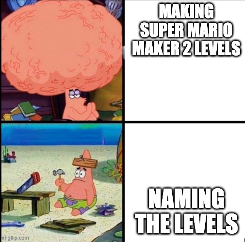 patrick big brain | MAKING SUPER MARIO MAKER 2 LEVELS; NAMING THE LEVELS | image tagged in patrick big brain,super mario maker | made w/ Imgflip meme maker