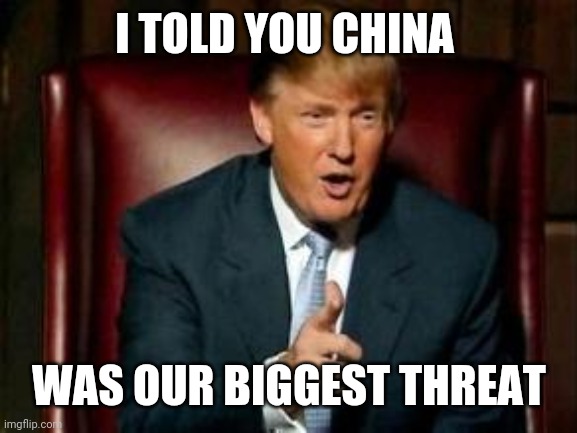 Donald Trump | I TOLD YOU CHINA WAS OUR BIGGEST THREAT | image tagged in donald trump | made w/ Imgflip meme maker