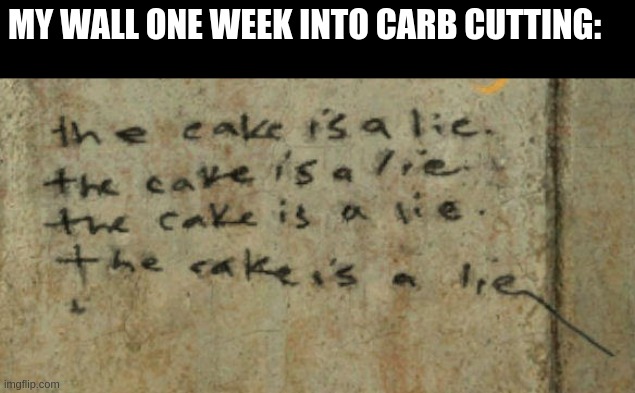 THE CAKE IS A LIE | MY WALL ONE WEEK INTO CARB CUTTING: | image tagged in the cake is a lie | made w/ Imgflip meme maker
