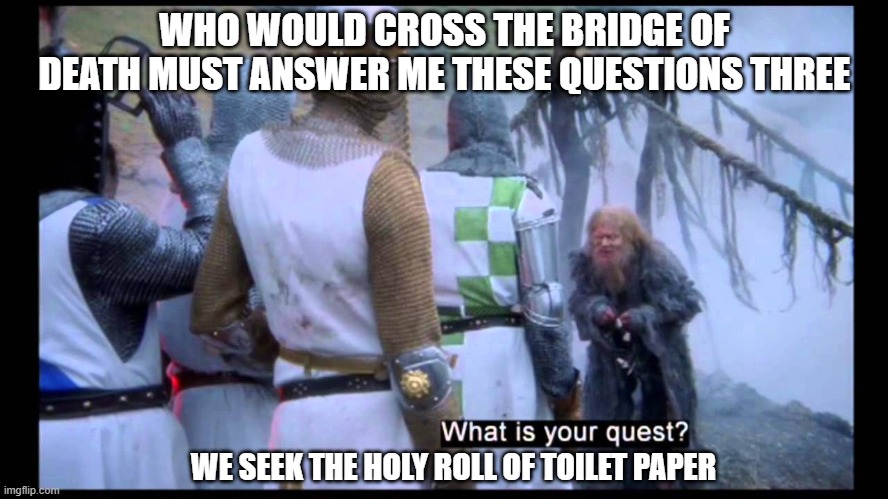 Monty Python and the quest for the holy TP | WHO WOULD CROSS THE BRIDGE OF DEATH MUST ANSWER ME THESE QUESTIONS THREE; WE SEEK THE HOLY ROLL OF TOILET PAPER | image tagged in coronavirus,tp,no more toilet paper,monty python and the holy grail | made w/ Imgflip meme maker