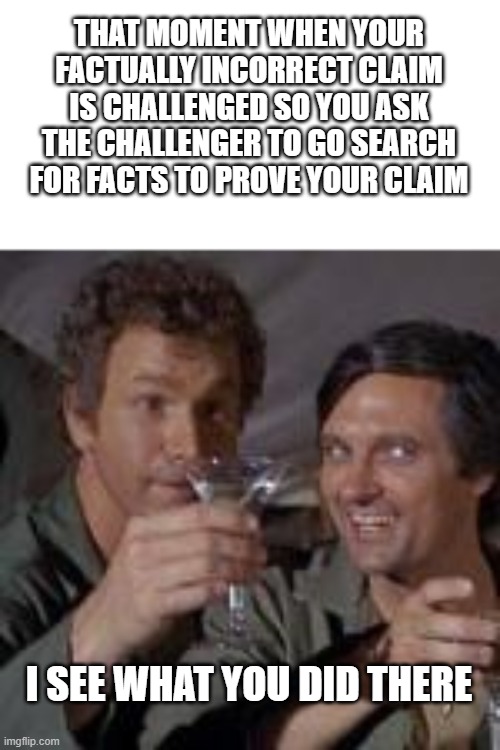 I see what you did there | THAT MOMENT WHEN YOUR FACTUALLY INCORRECT CLAIM IS CHALLENGED SO YOU ASK THE CHALLENGER TO GO SEARCH FOR FACTS TO PROVE YOUR CLAIM; I SEE WHAT YOU DID THERE | image tagged in i see what you did there | made w/ Imgflip meme maker