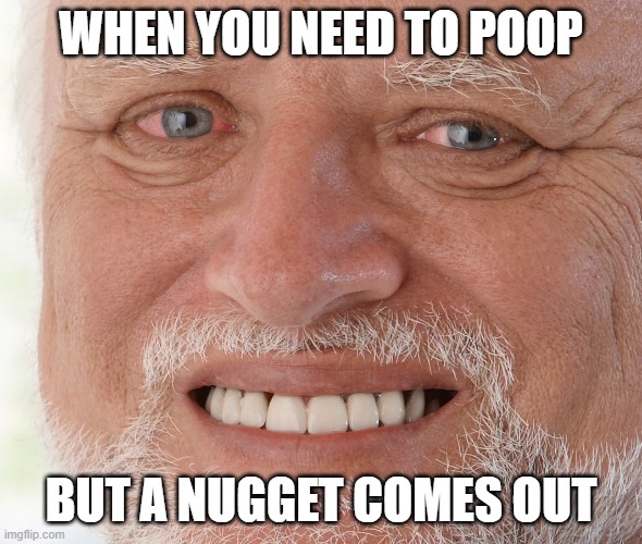 Hide the Pain Harold | WHEN YOU NEED TO POOP; BUT A NUGGET COMES OUT | image tagged in hide the pain harold | made w/ Imgflip meme maker