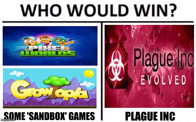 Who Would Win? | SOME 'SANDBOX' GAMES; PLAGUE INC | image tagged in memes,who would win,coronavirus | made w/ Imgflip meme maker