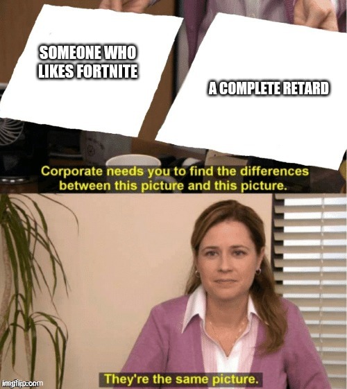 They're The Same Picture Meme | SOMEONE WHO LIKES FORTNITE A COMPLETE RETARD | image tagged in office same picture | made w/ Imgflip meme maker